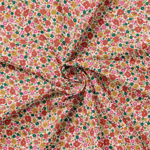 Tissu Popeline de Coton imprimé Mizet fleuris rouge sur fond Ecru