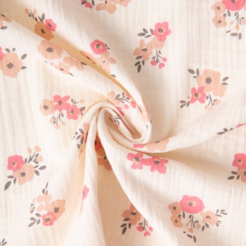 Tissu Double gaze de Coton Fleuris Molisa sur fond Ecru