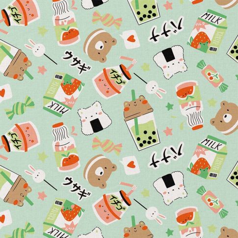 Tissu Coton imprimé Arty Moumo sushi sur fond Vert menthe