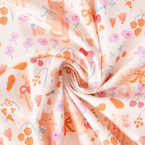 Tissu Coton imprimé Arty Chatons fleuris sur fond Pêche