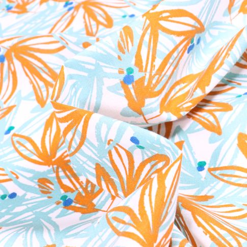 Tissu Coton imprimé Arty Nabali jaune et bleu sur fond Blanc