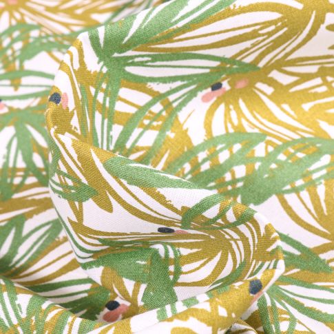 Tissu Coton imprimé Arty Nabali vert sur fond Blanc