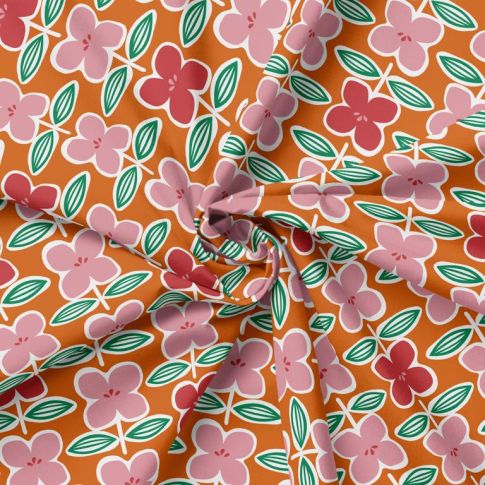 Tissu Popeline de Coton imprimé Nina sur fond Orange