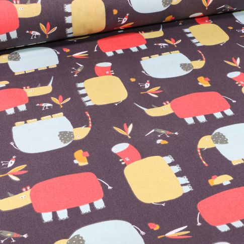 Tissu Coton imprimé LittleBird Rhinocéros et éléphants sur fond Gris foncé