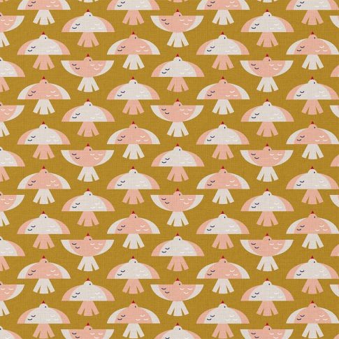 Tissu Coton imprimé Arty Oibi oiseau sur fond Ocre