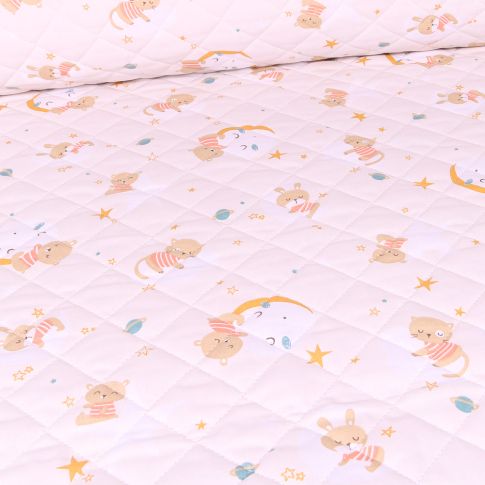 Tissu Matelassé Oursons et lunes sur fond Blanc