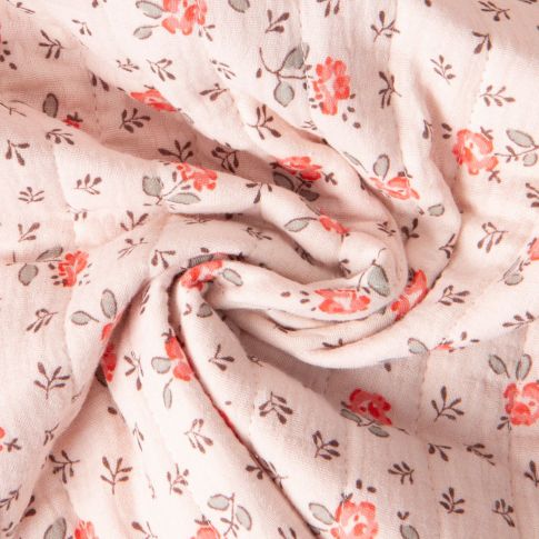 Tissu Double gaze de Coton Matelassé réversible Fleuris Olymp sur fond Pêche