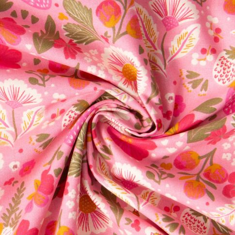 Tissu Coton imprimé Arty Fleuris Ostac sur fond Rose bonbon