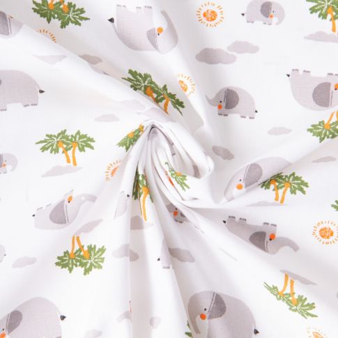 Tissu Coton imprimé Arty Eléphants Pachy sur fond Blanc