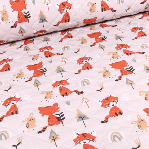 Tissu Matelassé Renard et lapins sur fond Beige