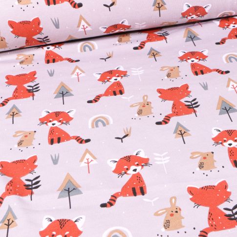 Tissu Jersey coton Renards et lapins en forêt sur fond Beige
