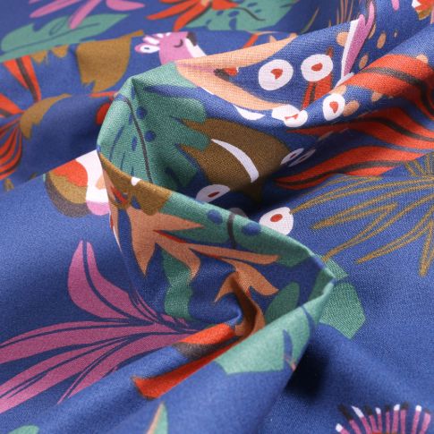 Tissu Coton imprimé Arty Papagaios sur fond Bleu roi