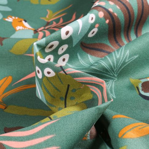 Tissu Coton imprimé Arty Papagaios sur fond Vert