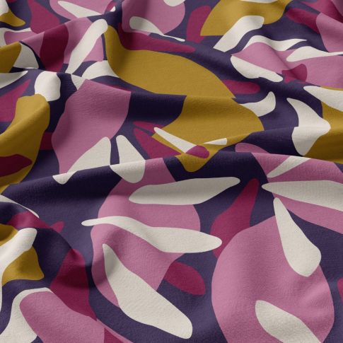 Tissu Viscose Arty Patoche rose sur fond Bleu marine