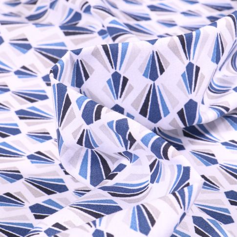 Tissu Coton imprimé Arty Payani bleu sur fond Blanc