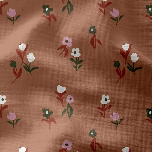 Tissu Double gaze Pixflo fleuris sur fond Marsala