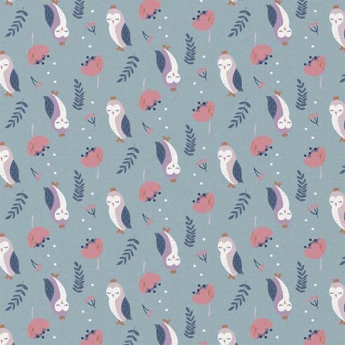 Tissu Coton imprimé Arty Plumni chouettes sur fond Bleu ancien