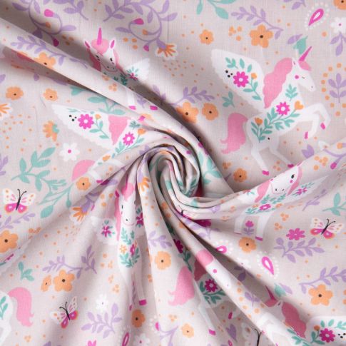 Tissu Coton imprimé Arty Licorne Polly sur fond Gris