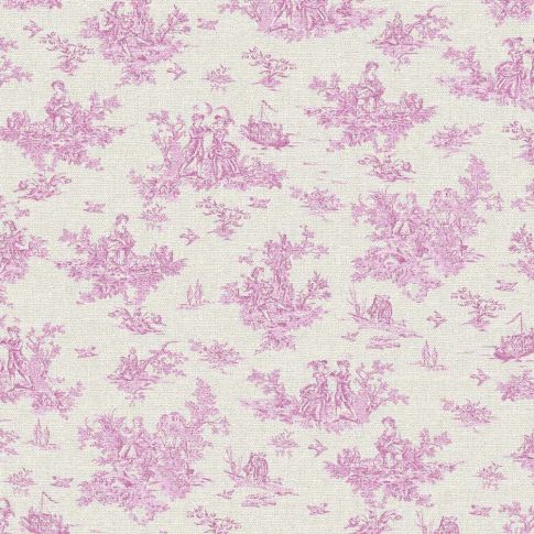 Tissu Toile de Coton Jouy rose sur fond Blanc cassé