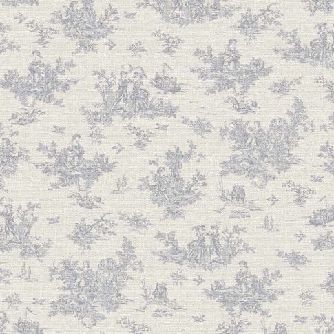 Tissu Toile de Coton Jouy gris sur fond Blanc cassé