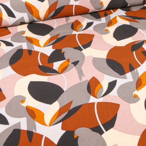 Tissu Viscose Arty Psitta brique sur fond Blanc cassé