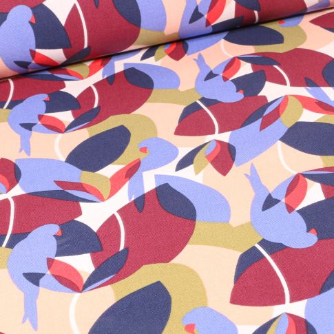 Tissu Toile de Coton Psitta violet sur fond Beige