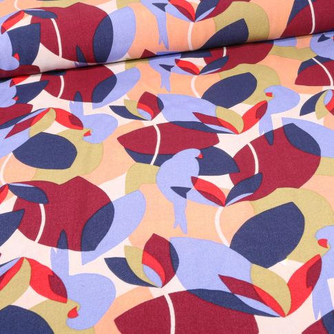 Tissu Viscose Arty Psitta violet sur fond Beige