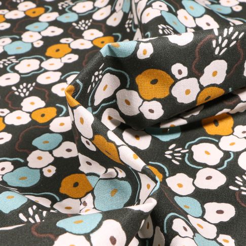 Tissu Coton imprimé Arty Rinad ocre sur fond Noir