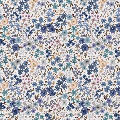 Tissu Coton imprimé digital Arty Romane fleuris bleu sur fond Blanc