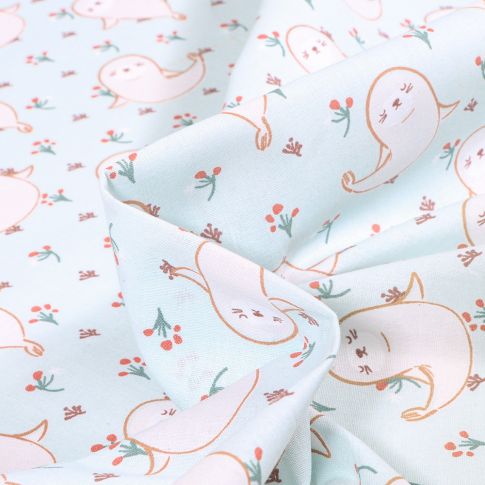 Tissu Coton imprimé Arty Sealy sur fond Vert menthe clair