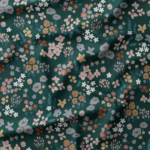 Tissu Velours milleraies imprimé Shaye fleuris sur fond Vert canard