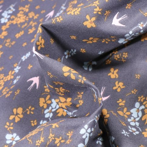 Tissu Coton imprimé Arty Shima sur fond Gris foncé