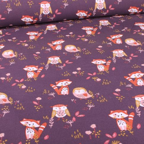Tissu Coton imprimé Arty Hiboux et renards sur fond Violine