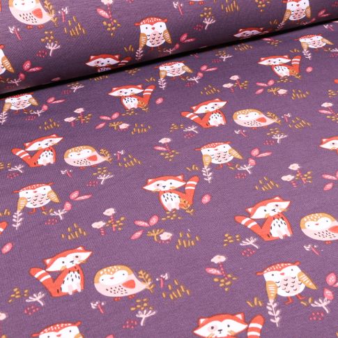 Tissu Jersey coton Hiboux et renards sur fond Violine