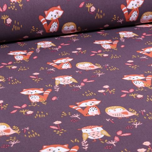 Tissu Coton imprimé Arty Sokidy Raton laveur Hibou sur fond Prune