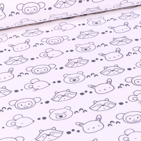 Tissu Jersey coton Têtes d'animaux noir et blanc sur fond Blanc