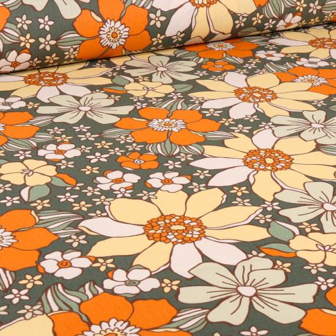 Tissu Coton imprimé Arty Sunflower sur fond Vert d'eau