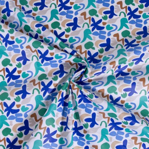 Tissu Coton enduit Swigo Bleu et Vert sur fond Blanc