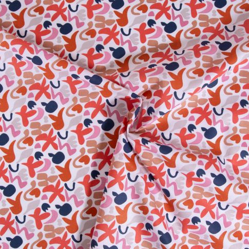 Tissu Coton imprimé Swigo Caramel et rose sur fond Blanc