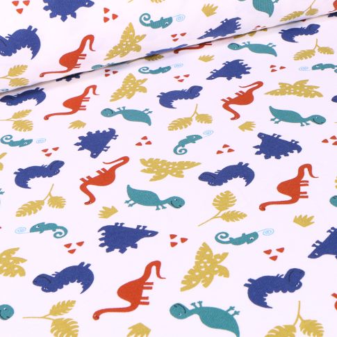 Tissu Jersey coton Dinosaures et caméléon sur fond Blanc