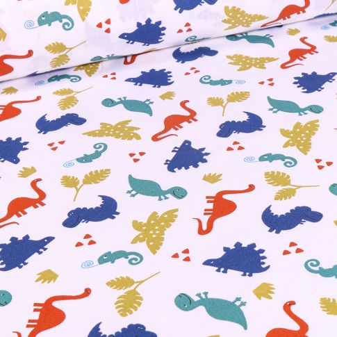 Tissu Coton imprimé Arty Dinosaures et caméléon sur fond Blanc