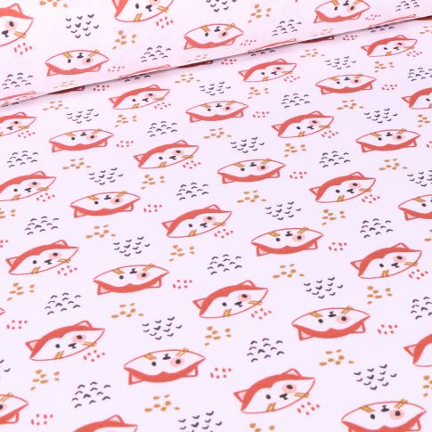 Tissu Jersey Coton Têtes de renards sur fond Blanc