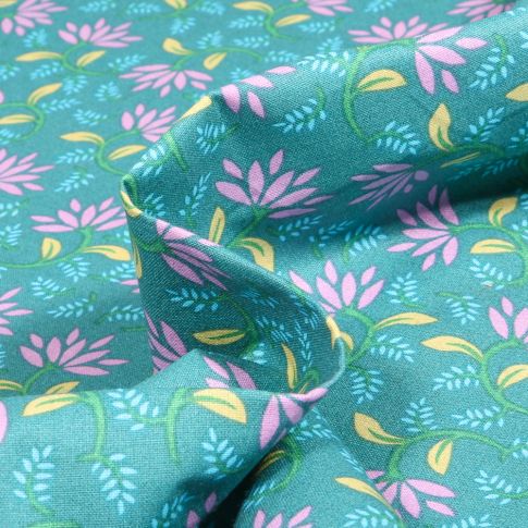 Tissu Coton imprimé Arty Timael sur fond Bleu turquoise