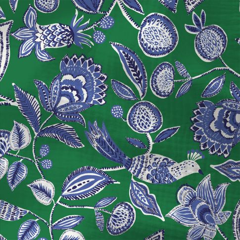 Tissu Double gaze Coton Vamy bleu et blanc sur fond Vert