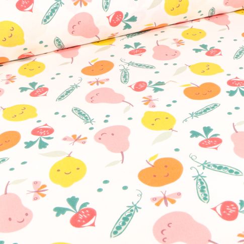 Tissu Jersey Coton Veggy Fruits sur fond Blanc