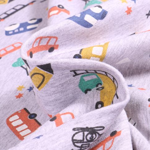 Tissu Jersey Coton envers gratté Veicoli sur fond Gris chiné