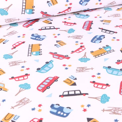 Tissu Jersey Coton Arty Veicoli sur fond Blanc