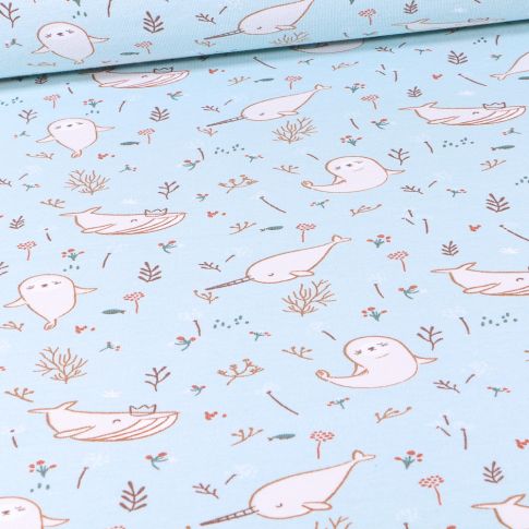 Tissu Jersey Coton Arty Phoques et baleines sur fond Bleu ciel