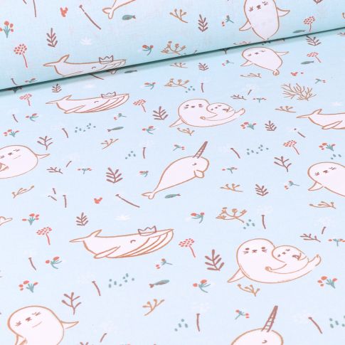Tissu Coton imprimé Arty Phoques et baleines sur fond Bleu ciel