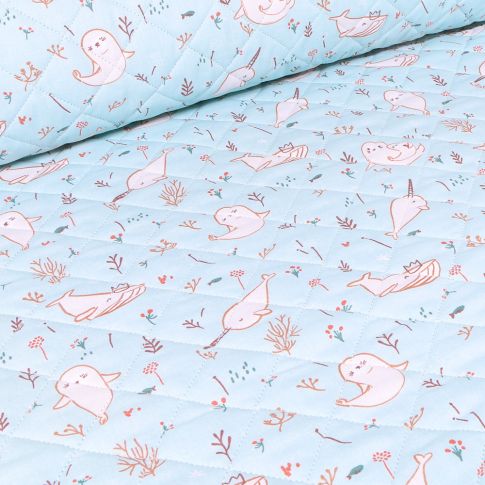 Tissu Matelassé Baleines et otaries sur fond Bleu ciel